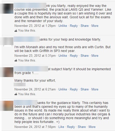 Four Yammer comments from students thanking the lecturer for the unit, with student names and profile photos blurred for privacy